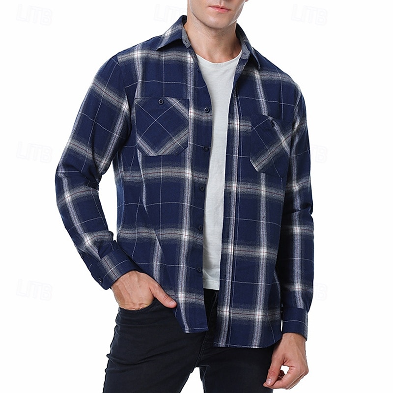 Miesten Paita Rento paita Flanellipaita Button Up paita Päällyspaita Ruudullinen Kausaliteetti Päivittäin Laivaston sininen Pitkähihainen Kauluskäänne 봄 & Syksy Vaatetus 2026 - $29.99 –P10