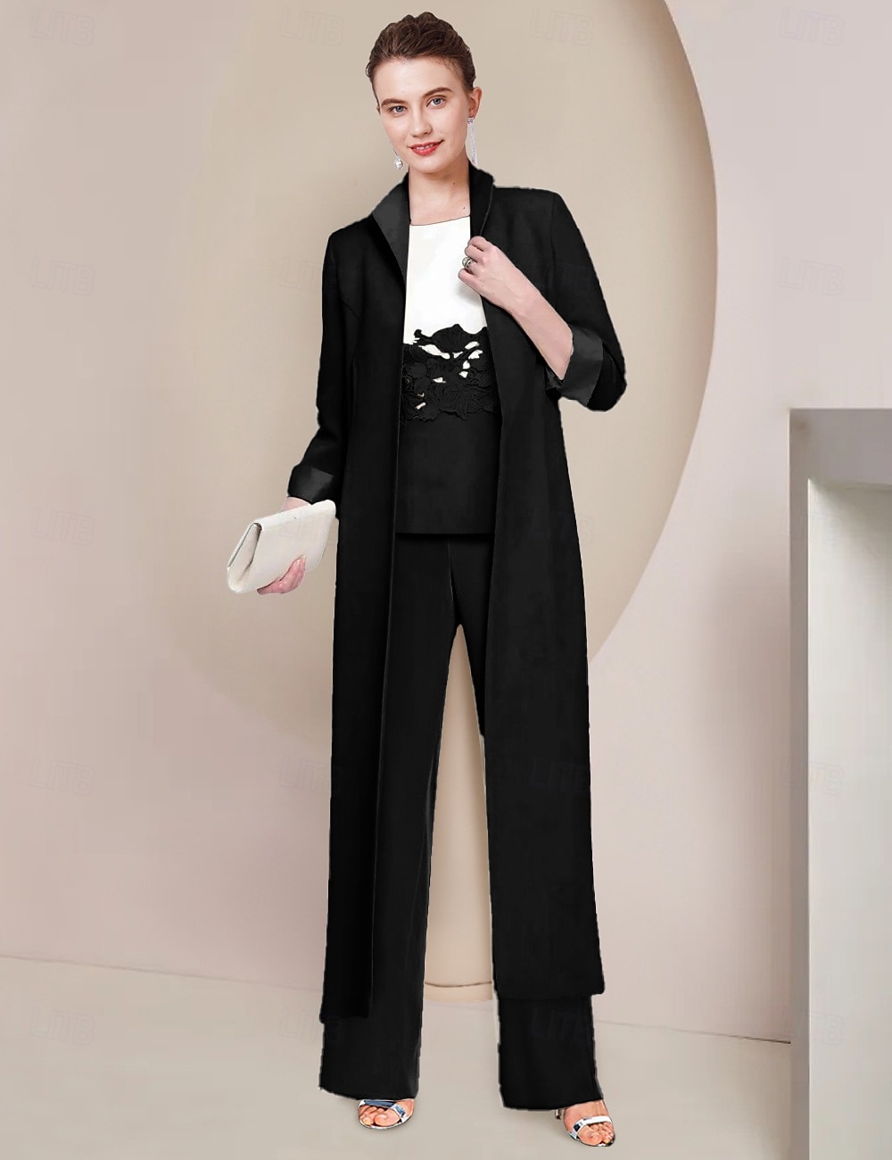 Pantsuit 3 Piece Mother of the Bride  Formal Wedding Guest Elegant Scoop Neck Floor Length Lace Stretch Fabric 3/4 Length Sleeve Wrap Included with Appliques 2025 - $169.99 –P4