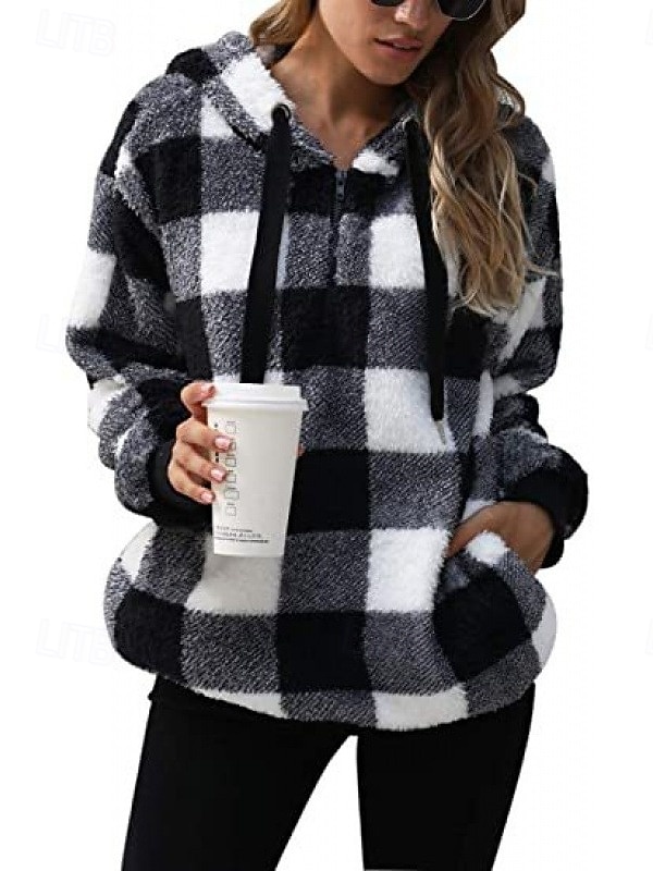 2025年 女性用 プルオーバー フーディー スウェットシャツ チェック エレガント あたたか 活発的 長袖 フード付き レギュラートップス 家 パーティーイブニングウェア ストリート ブラック ピンク ブラウン グリーン 春 秋 冬  コレクション – $26.99 –P4
