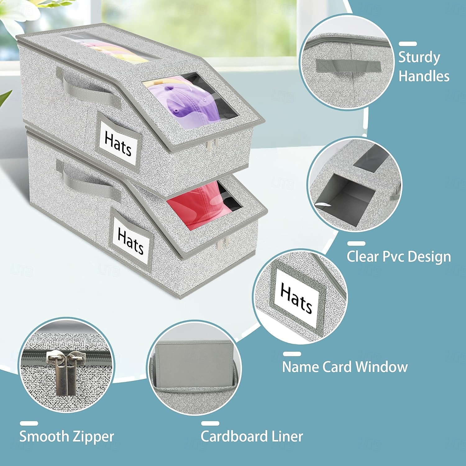 Boîte de rangement pour chapeaux avec couvercle et fenêtre transparente, bac de rangement pliable empilable avec fermeture éclair, conteneur à chapeaux multifonctionnel anti-poussière pour placard et de 2025 ? $22.99 –P1