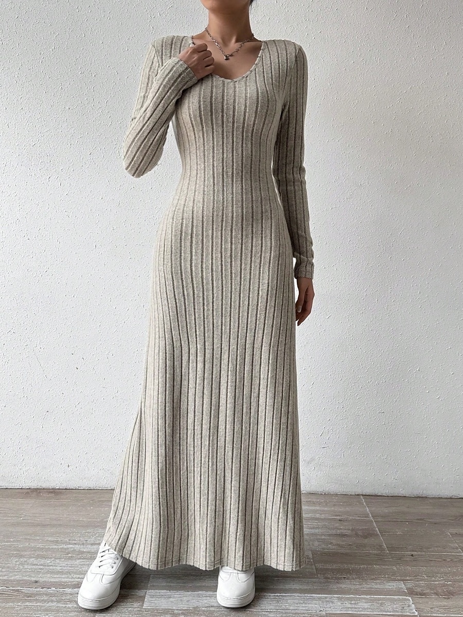 Dámské Svetrové šaty Elegantní Na běžné nošení Měkké Čistá barva Rýhovaný Do V Pletený Dlouhý rukáv Běžné topy Plést Venkovní Denní Víkend Černá Trávová zelená Podzim Zima 2026 - $24.99 –P9
