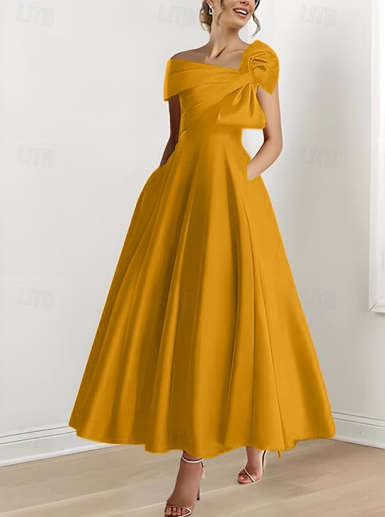 A-Line Ankle Length Cocktail Dresses Party Dresses Elegant Silky Short Sleeve One Shoulder Wedding Formal Pink Dress Satin with Bow(s) 2026 - $149.99 –P4