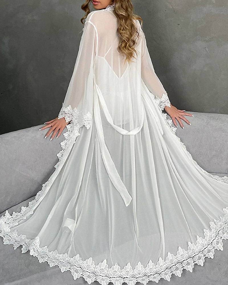 2026年 女性用 ローブ あたたか ファッション カジュアル ピュアカラー サテンシルキーパジャマ レース ドレス 家 ベッドサイド 長袖 クルーネック ホワイト 夏 春 レギュラー  コレクション – $43.99 –P5