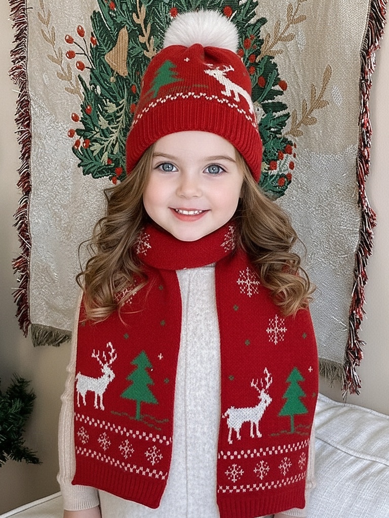 Set di cappello e sciarpa natalizi per bambini, in morbida maglia con motivi di renne e alberi, caldi accessori invernali per bambini e bambine, perfetti per le feste e le celebrazioni natalizie del 2025 a $18.99 –P1