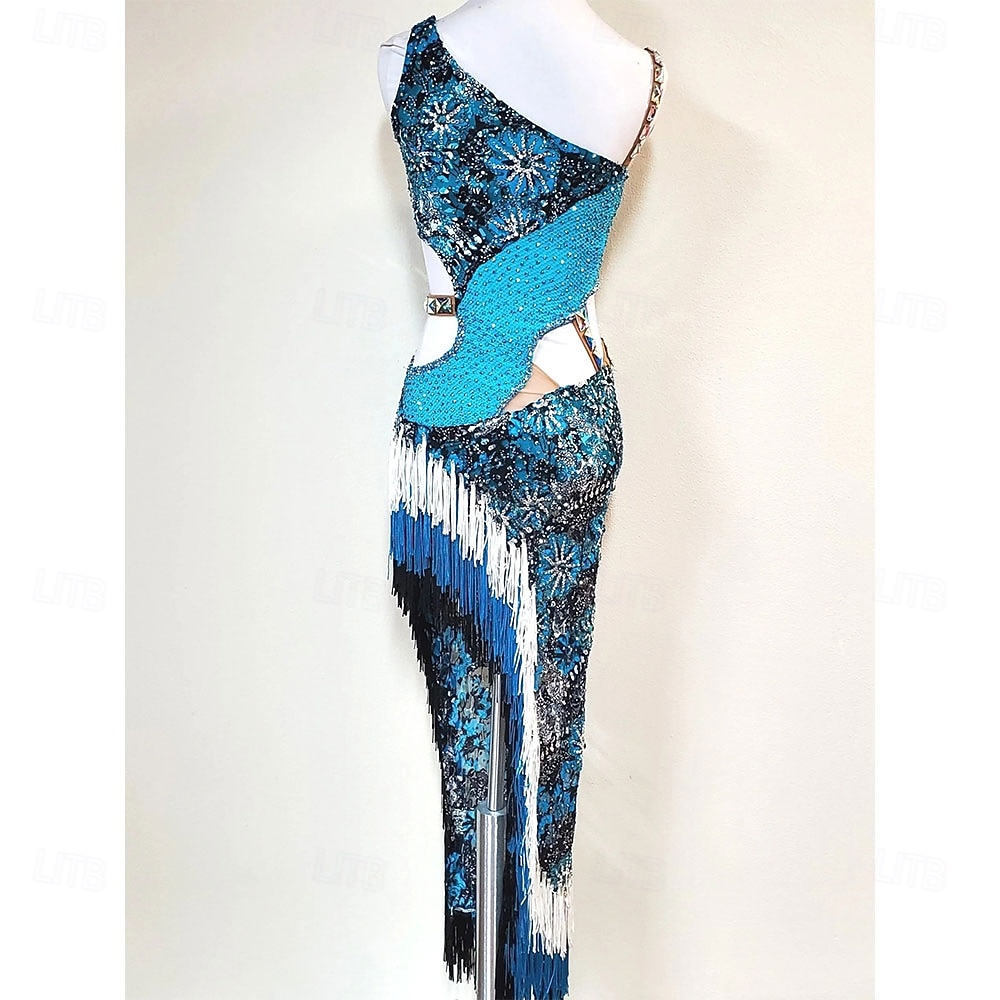 Women's Latin Dance Dress Blue Rhinestone Cutout Bodycon Fringe Costume for Cha Cha Samba Paso Doble Performance Competition 2026 - $457.09 –P5