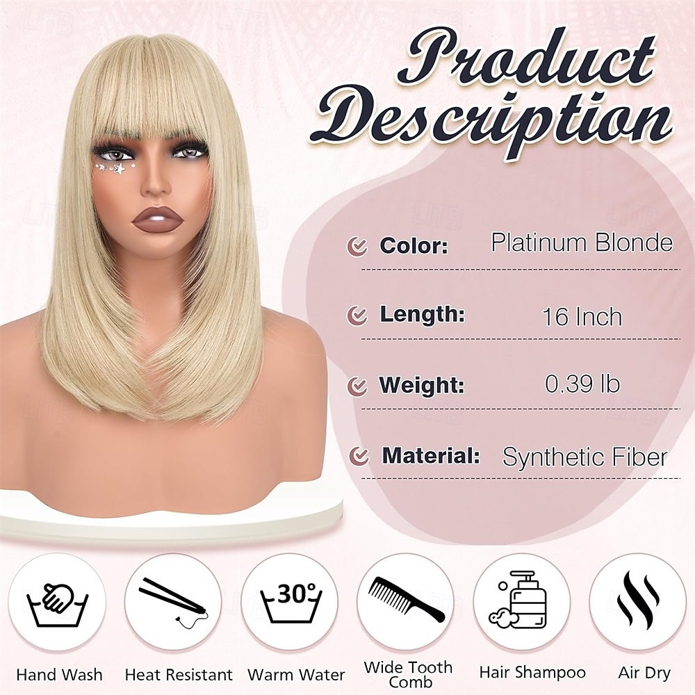 Парики из светлых волос боб с челкой, длиной до плеч, прямые, естественно выглядящие, синтетические, термостойкие, средние, для женщин, на каждый день, для вечеринок, 16 дюймов, платиновый блонд 2026 - $21.99 –P3