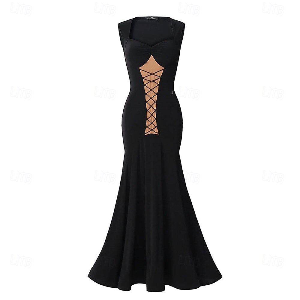 Женское платье для бальных танцев, черное, со шнуровкой и сетчатым эффектом спереди, элегантное, для выступлений в стиле танго, румбы и вальса 2025 - $348.69 –P7