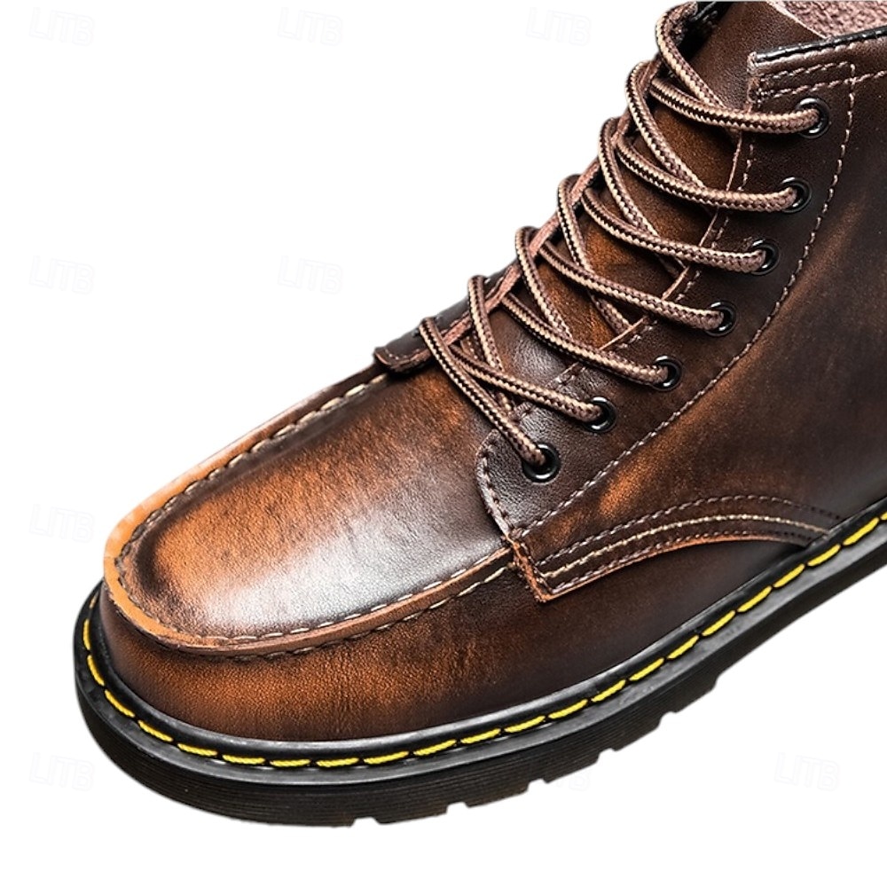 Botas de trabalho masculinas de couro bordô com cadarço, botas de combate vintage casuais de cano curto, duráveis para atividades ao ar livre &sapatos de uso diário de 2026 por $59.99 –P1