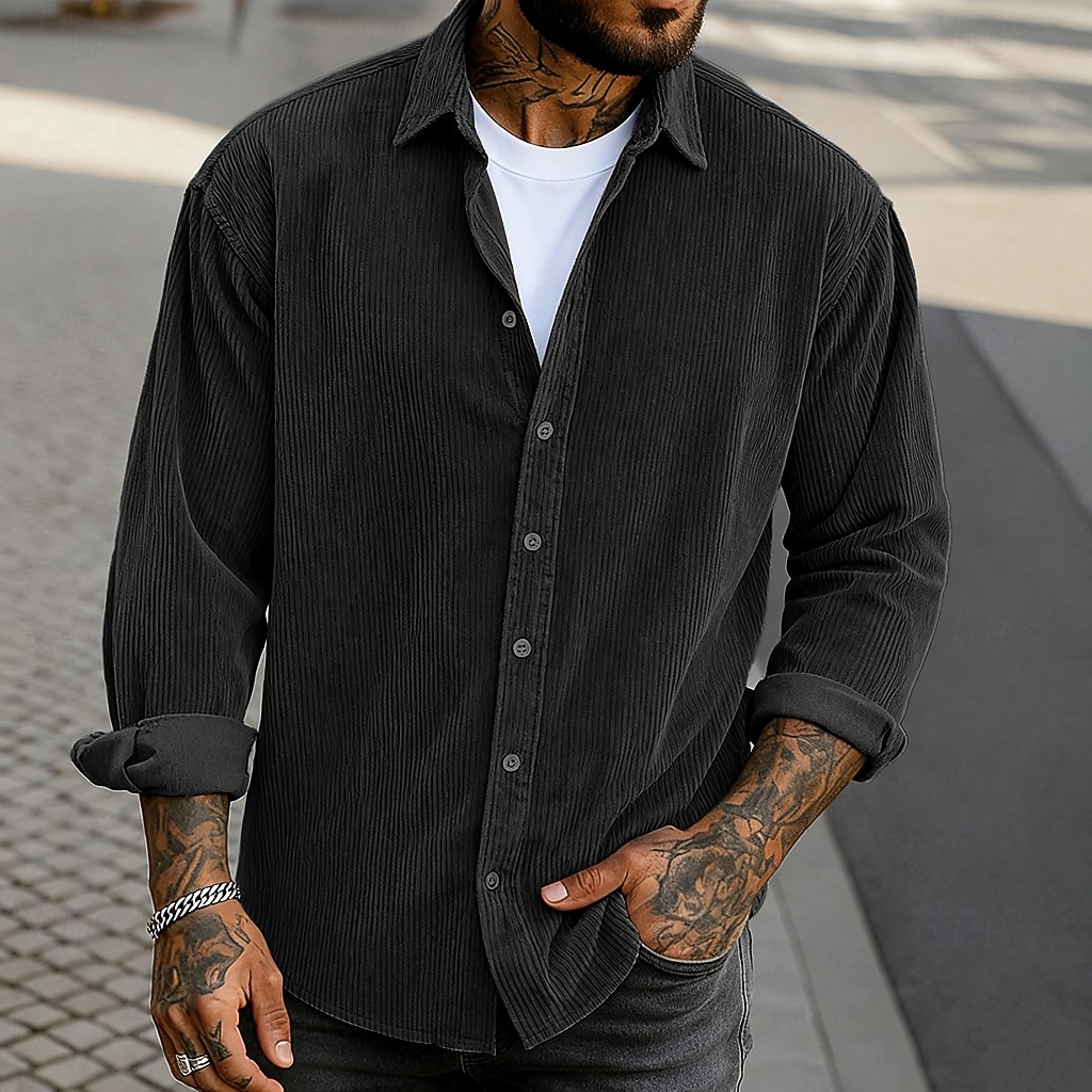 Per uomo Camicia Camicia casual Camicia di Velluto a Coste Camicia con Bottoni Nero Kaki Verde militare Grigio Manica Lunga Tinta unica Collo ripiegato Casuale All'aperto Caldo Abbigliamento Vintage del 2026 a $13.69 –P6