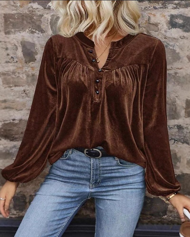 Dam Sammet Elegant Blus Knappar Ensfärgat Slät Elegant Stylish Ledigt Långärmad V-hals Vanliga toppar Dagligen Helgdag Utekväll Blå Brun Vår Höst 2026 - $32.99 –P4
