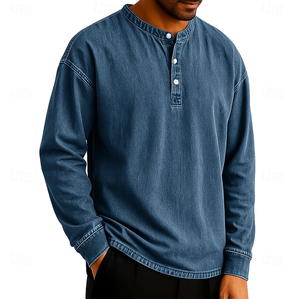 SoftFade™ Pánské tričko Henley T-shirt Tee dlouhý rukáv jednobarevné vintage retro ležérní styl obarvené vybledlé Henley ležérní jaro podzim černá šedá světle modrá Henley T-Shirt 2026 - $29.99 –P8