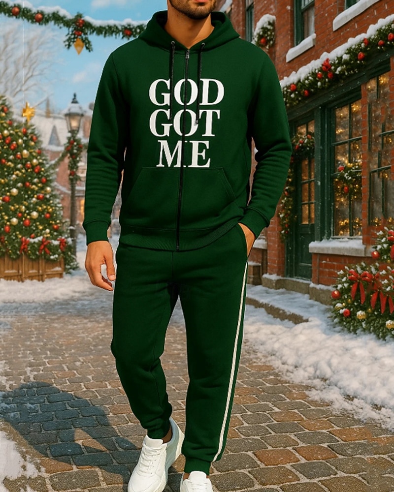 Święta Męskie Dres 2-częściowy Bluza z kapturem Lounge Bluza zapinana na pełny zamek Pełny zameczek z kieszenią Litera Zestawy odzież Wiosna Ciemnozielony Podróże Bieganie Oddychający Długi rękaw 2025 - $45.99 –P2