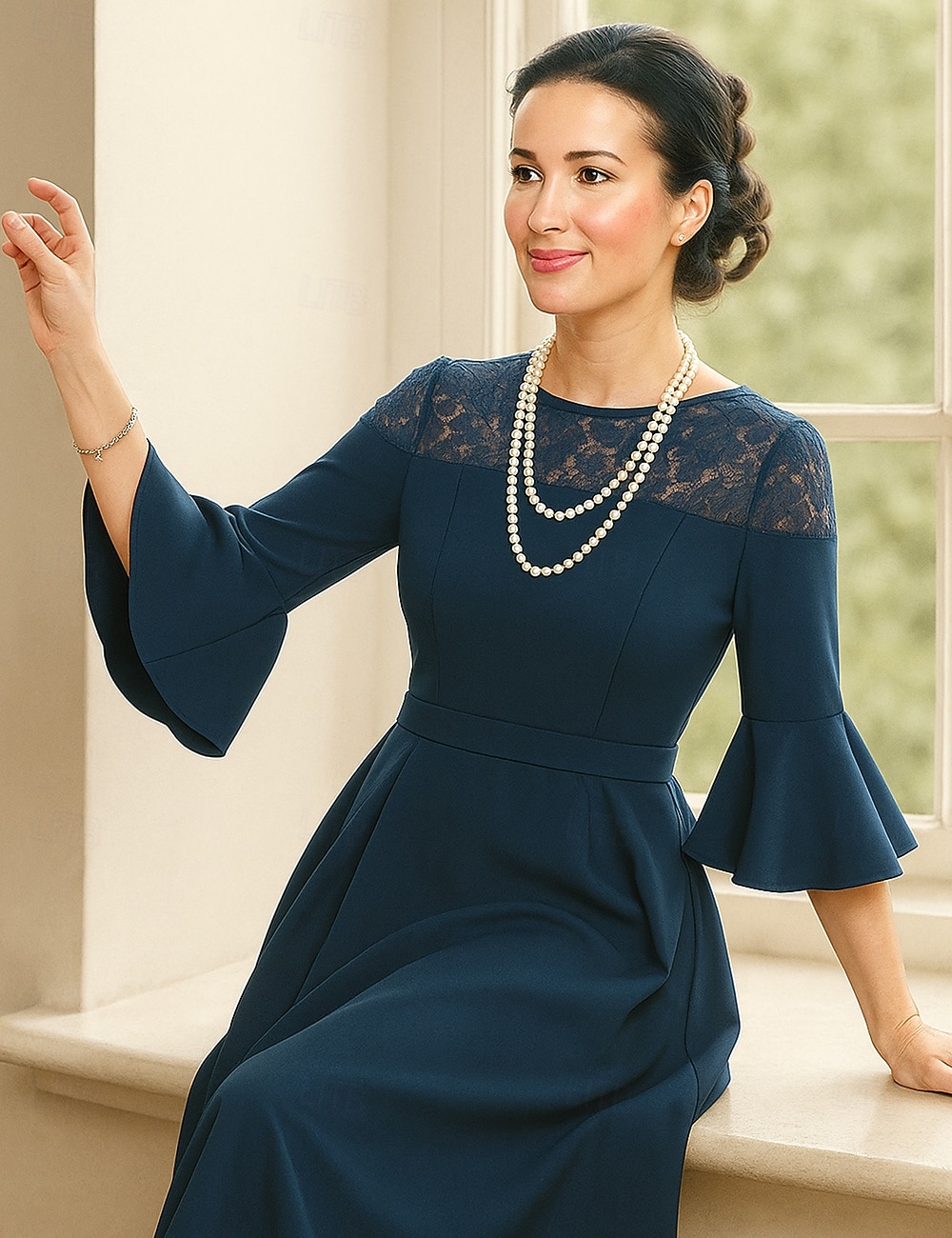 A-linje Ankellengde Festkjole Cocktail Kjole 3/4 ermer Crew-hals Elegant Formell Blonder Polyester Kjole til brudens mor med Blonder 2025 - $69.99 –P3