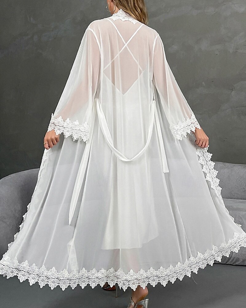 2026年 女性用 ローブ あたたか ファッション カジュアル ピュアカラー サテンシルキーパジャマ レース ドレス 家 ベッドサイド 長袖 クルーネック ホワイト 夏 春 レギュラー  コレクション – $43.99 –P4