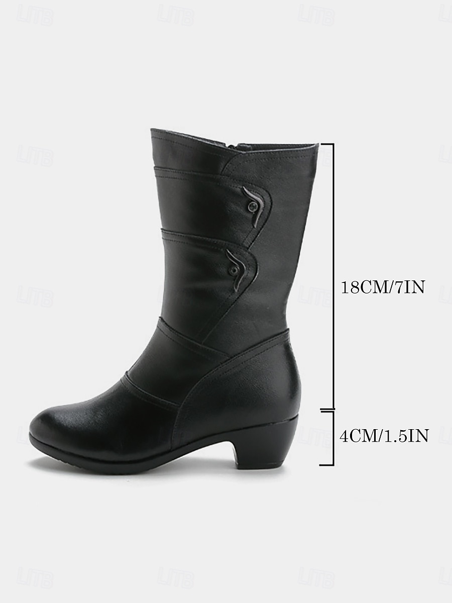 Bruna damstövlar till halvhög vad med låga klackar och dragkedja i sidan, bekväma läderskor för vardagsbruk och arbete &höstvinterkläder 2026 - $59.99 –P2