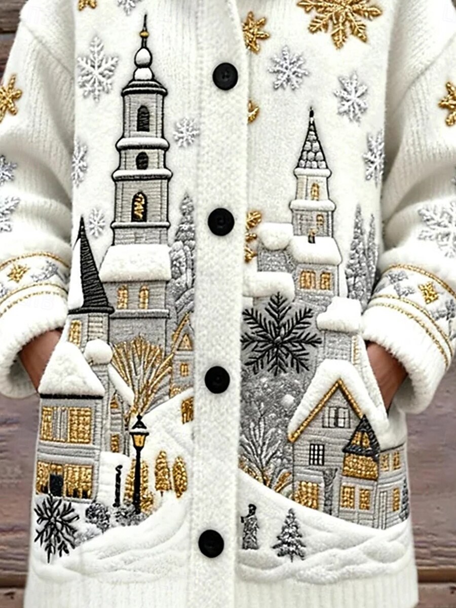 Dam Kofta Dagligen Ledigt Grafisk snöflingor Ribbad Huva Lappverk Ficka Knappar Långärmad Vanliga toppar Sticka Utomhus Helgen Vit Höst Vinter 2025 - $52.99 –P2