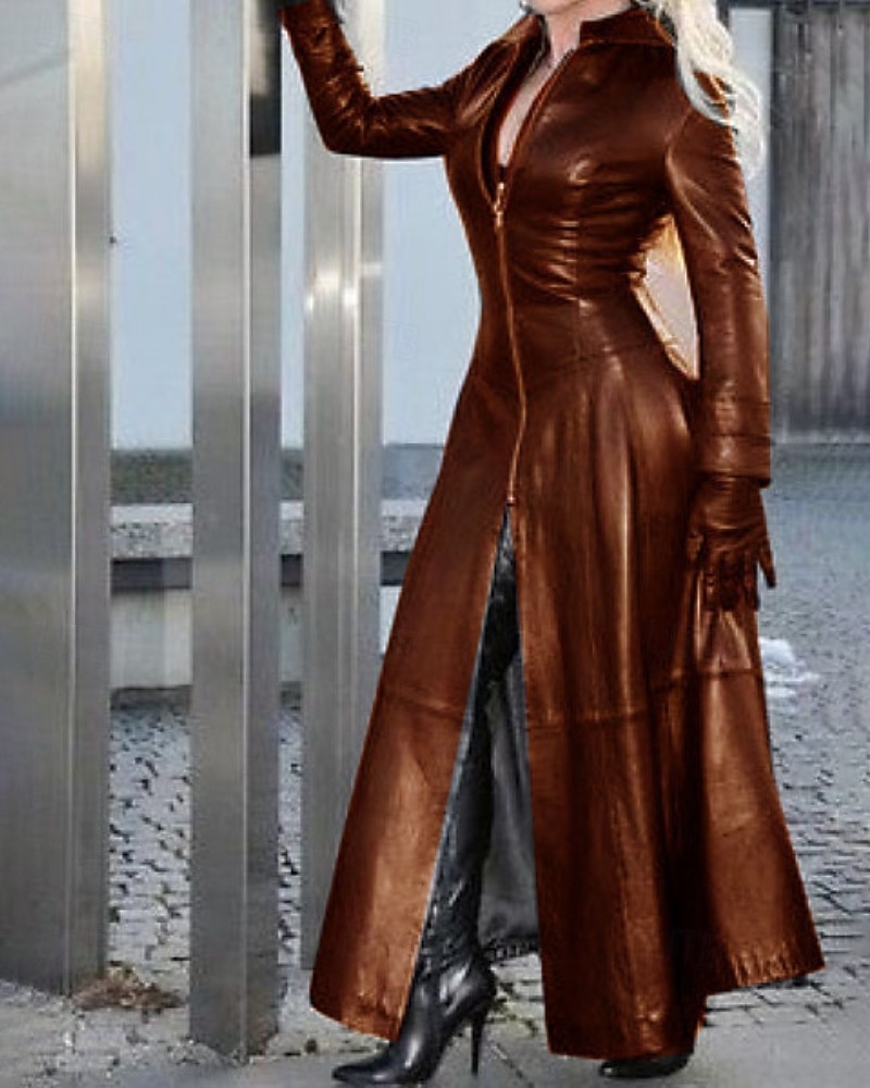 Per donna Giacca in Ecopelle Trench in pelle Caldo Confortevole Cerniera Moda Casual Semplice Vacanza Abbigliamento quotidiano Uscire Weekend Lungo Collo alla coreana Vestibilità regolare Manica Lunga del 2025 a $31.99 –P3