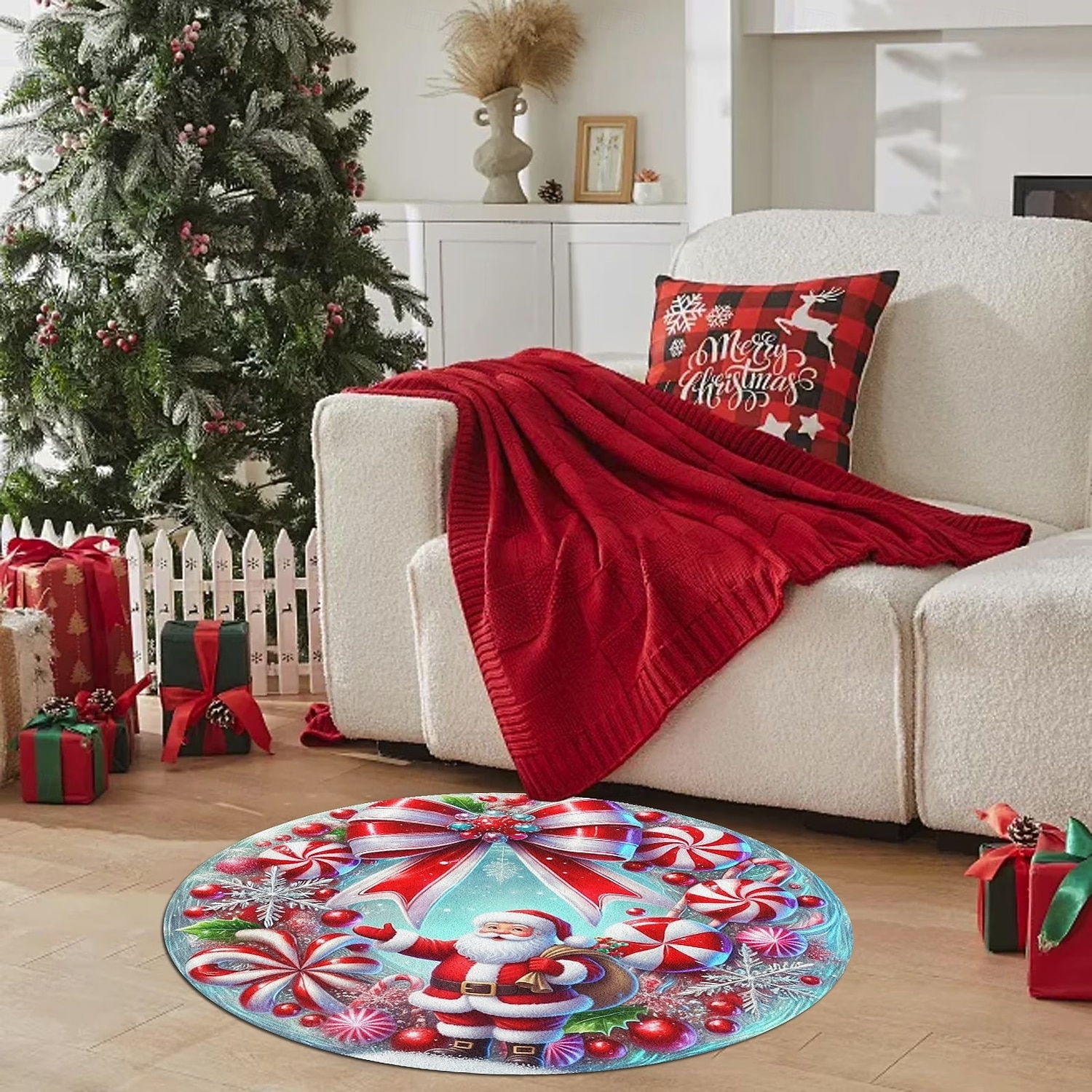 Julemann Rundt Område Teppe Stue Og Soverom Falsk Kasjmir God Jul Teppe Med Smågodt Stang Mykt Antiskli Maskinvaskbart Teppe Festlig Gulvmatte 4ft 2026 - $15.49 –P4