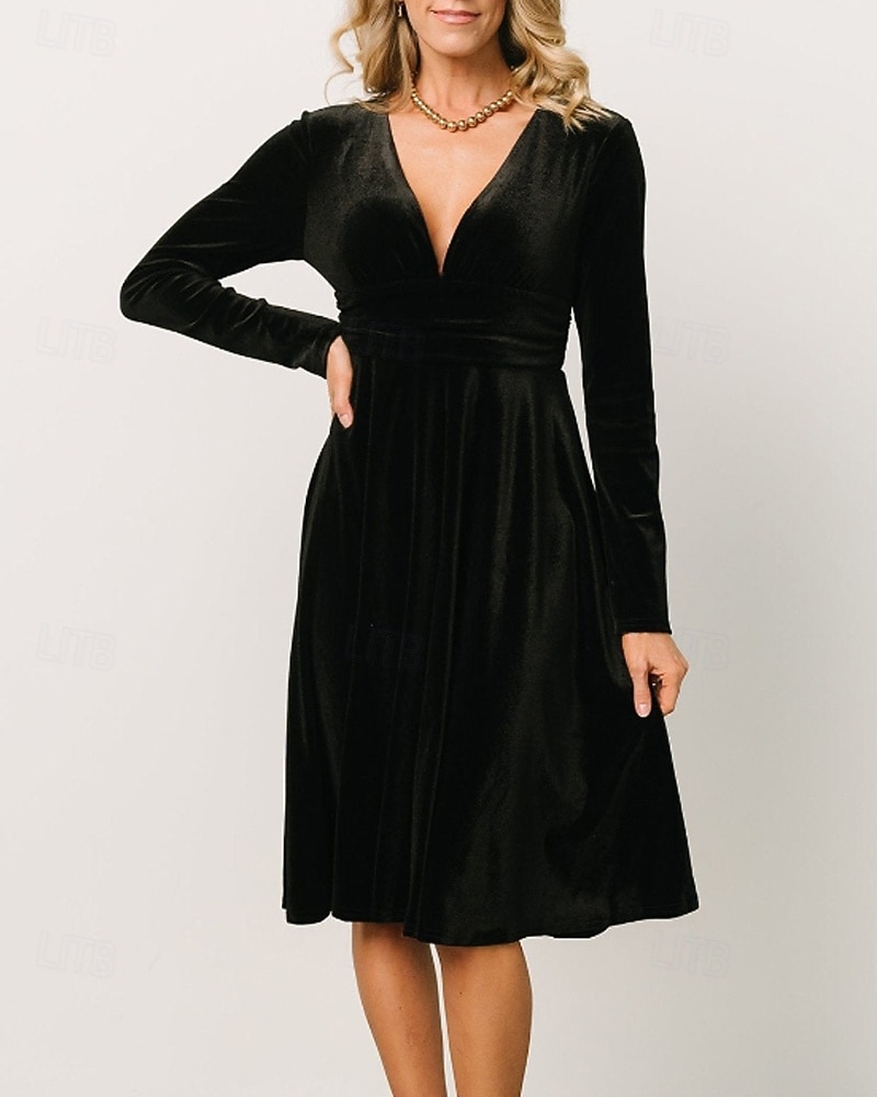 Damen Midikleid Samtkleid Partykleid Cocktailkleid Elegant Modern Party Abendgesellschaft Normale Passform Einfach Langarm V Ausschnitt Schwarz Rote Dunkelgrün Herbst Winter 2025 - $32.39 –P5