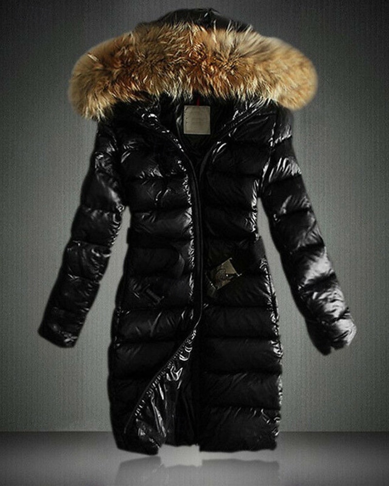 Women's Winter Coat Down Jacket Hoodie Jacket Warm Comfortable Zipper Pocket Fur Collar Casual Plain Vacation Daily Wear Going out Weekend Long Hooded Regular Fit Long Sleeve Outerwear Black Blue 2026 - $74.99 –P1