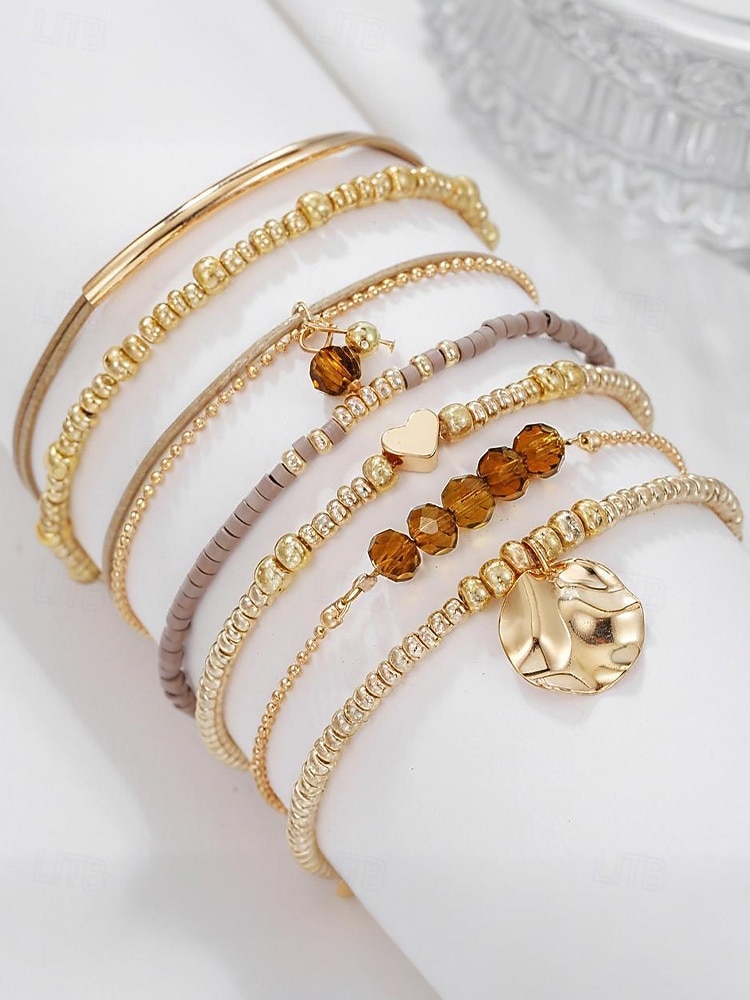 Women's Bohemian Beaded Layered Bracelet Set – Gold and Brown Multi-Strand Bangles with Heart & Charm Accents, Fashion Jewelry for Parties, Festivals and Everyday Wear 2025 - $11.99 –P4