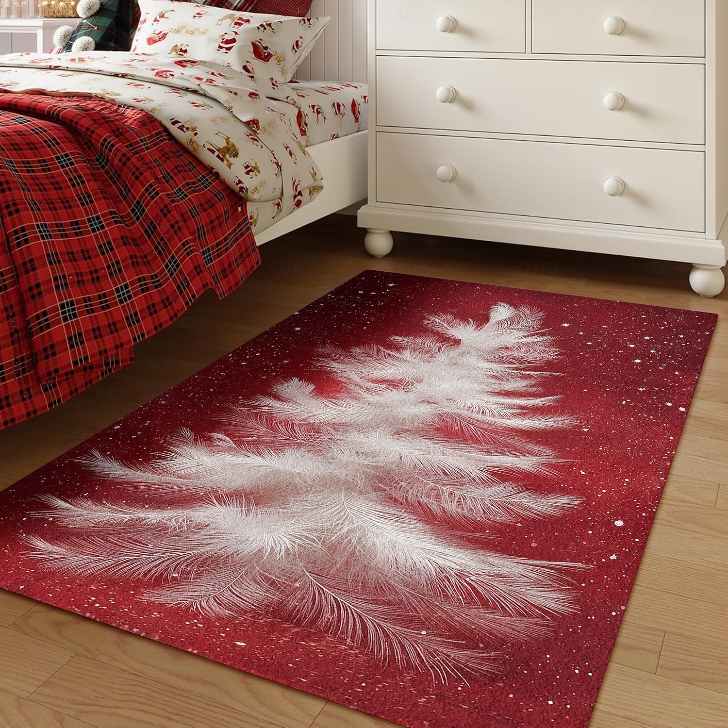 Коврик с белым рождественским деревом для гостиной и спальни элегантный белый сосновый коврик с красным фоном из искуcственного кашемира праздничное декоративное искусство мягкий нескользящий 2025 - $36.99 –P6