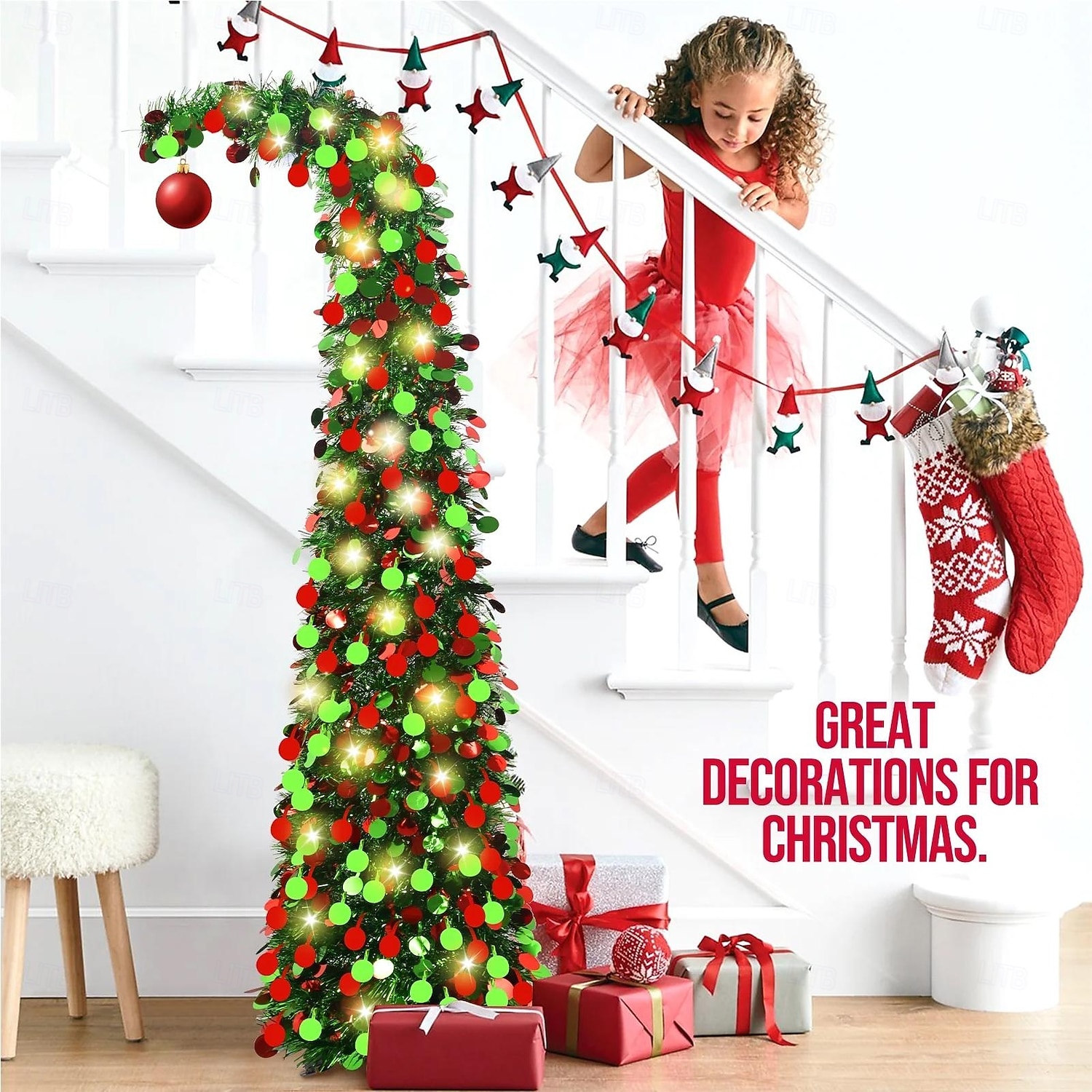 Christmas crooked neck red and green decorative circular Christmas tree 5M50Leds warm light string indoor apartment living room porch holiday decorative light 5FT 2025 - CAD $40.99 –P12