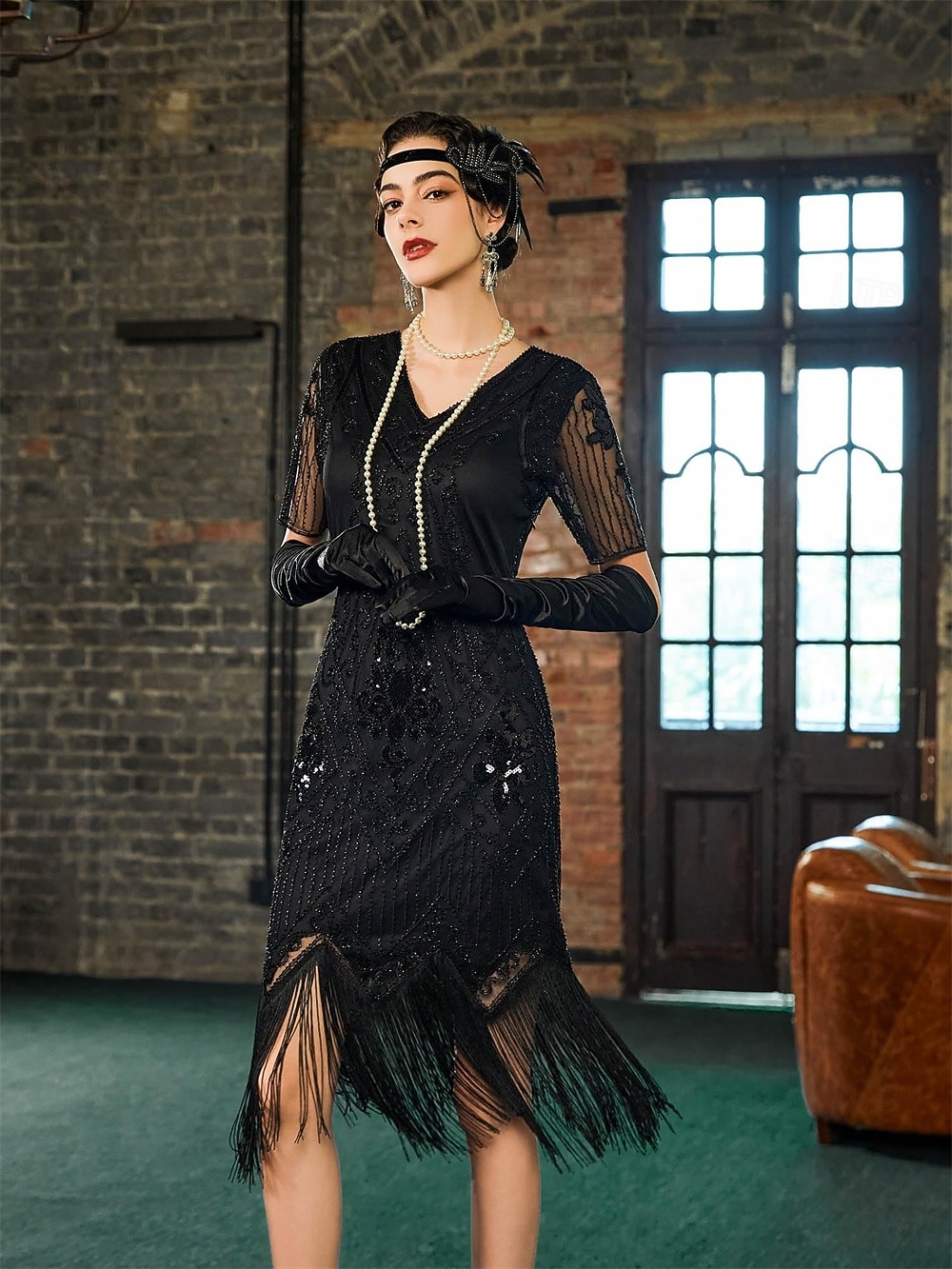 2026年 セット 20代の轟音 1920年代風 膝丈 フラップワンピース 二次会ドレス / カクテルドレス ファンシーコスチューム アクセサリー付き 半袖 グレートギャツビー フラッパーガール スパンコール タッセル Ｖネック 仮装 女性用 クリスマス 新年 パーティー スピークイージー マスカレード 成人 ドレス グローブ イヤリング  コレクション – $57.99 –P7