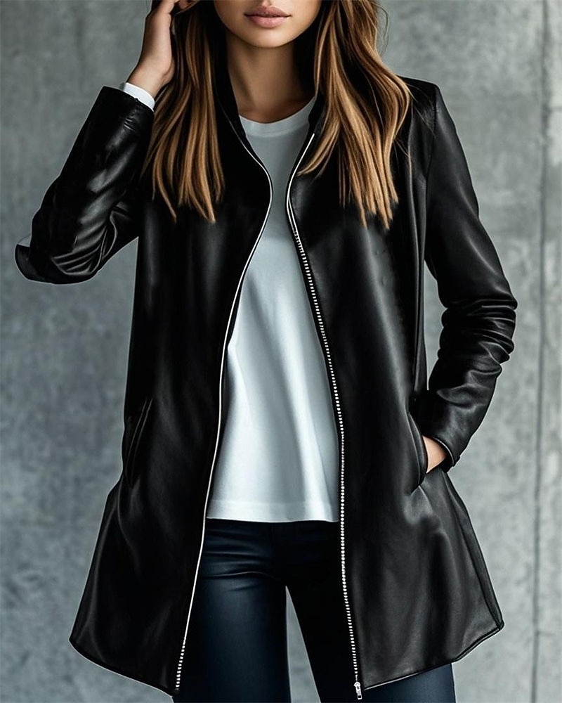 Damen Kunstlederjacke Hemdjacke Jacke Winddicht Warm Reißverschluss Tasche Knöpfe Elegant Mode Klassisch Modern Einfarbig Urlaub Arbeit Straße Lässig Einreihig Lang Revers Lässiger Schnitt Langarm 2025 - $57.99 –P3