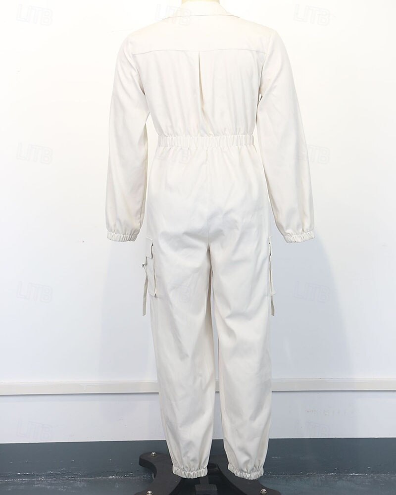 בגדי ריקוד נשים סרבלים פעיל צבע אחיד שרוול ארוך מכנסי קרגו צווארון חולצה רוכסן כיס חופשה יומי רגיל שחור משמש אביב 2026 - $45.99 –P7