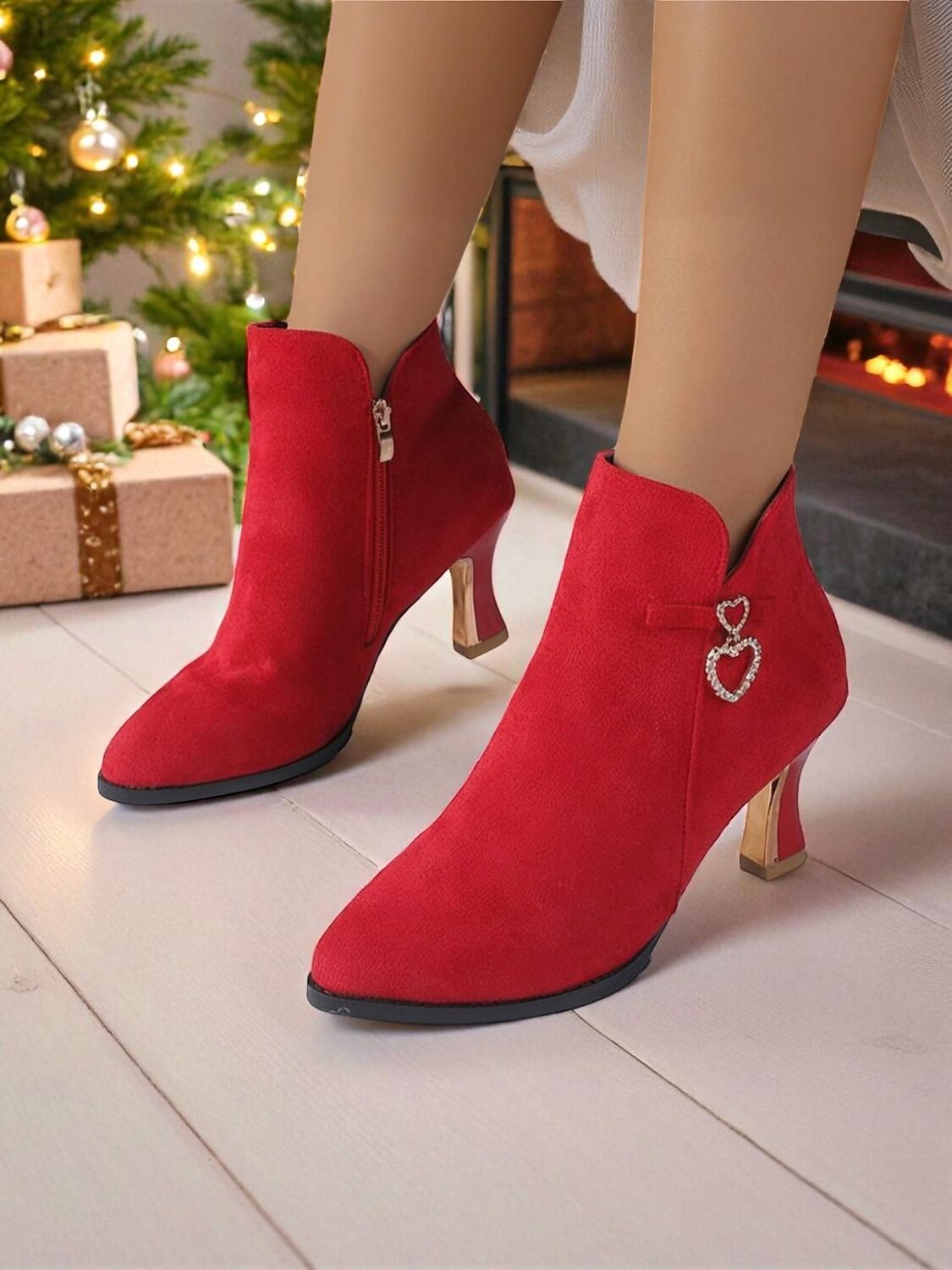 Women's Suede Ankle Boots with Rhinestone Heart Charm and Gold Heels, Elegant Pointed Toe Short Boots for Christmas Parties, Winter Outfits & Date Nights 2026 - $42.99 –P4