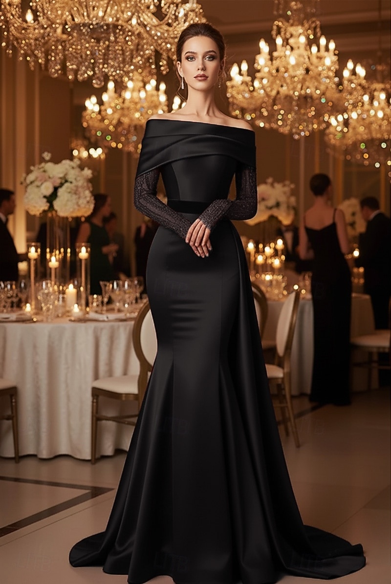 Havfrue Kveldskjoler Elegant Formell kjole Formell Bryllup Sweep / Børste train Ermeløs Løse skuldre Sateng med Plissert 2025 2025 - $164.99 –P4