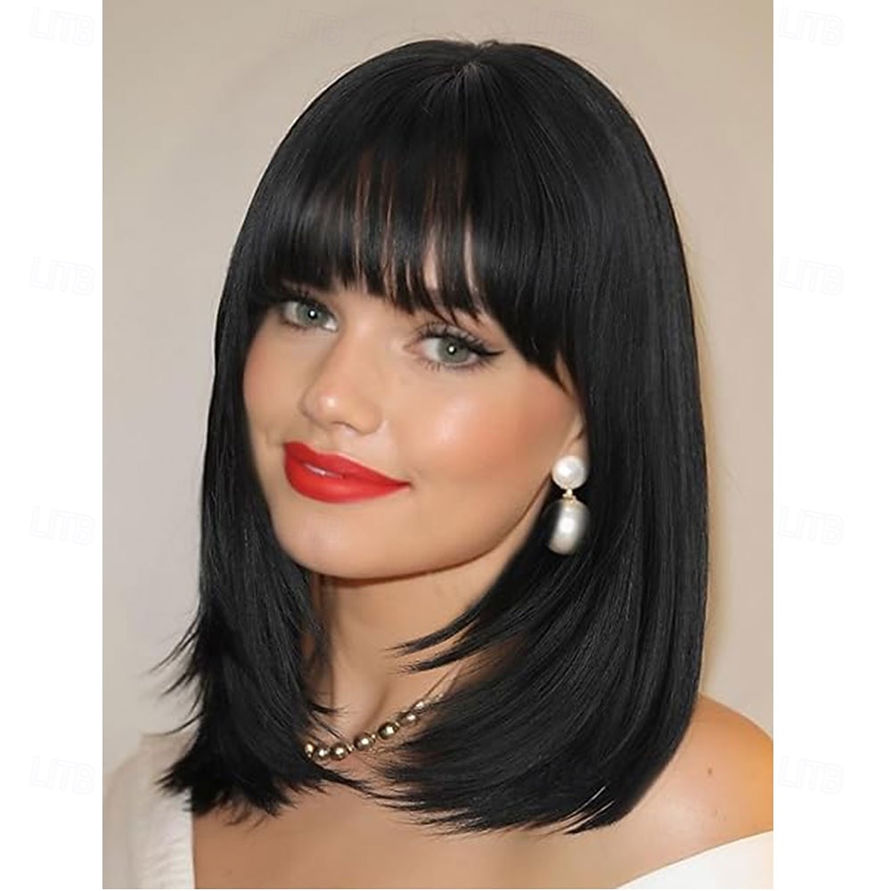 Highlight gelaagde pruiken met pony 14 inch kort gemengd bruin lijmloos kant-en-klare rechte synthetische bobpruiken voor vrouwen realistische hoofdhuid dagelijks cosplaygebruik 2026 - $21.99 –P10