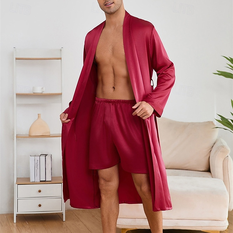 Herren Schlafanzug Seidenrobe Nachtwäsche Schlafanzug Set Einfach Mode Stilvoll Klassisch Heim Täglich Bett Polyester Komfort Weich V Ausschnitt Langarm Frühling Herbst Champagner Wein 2026 - $51.99 –P9