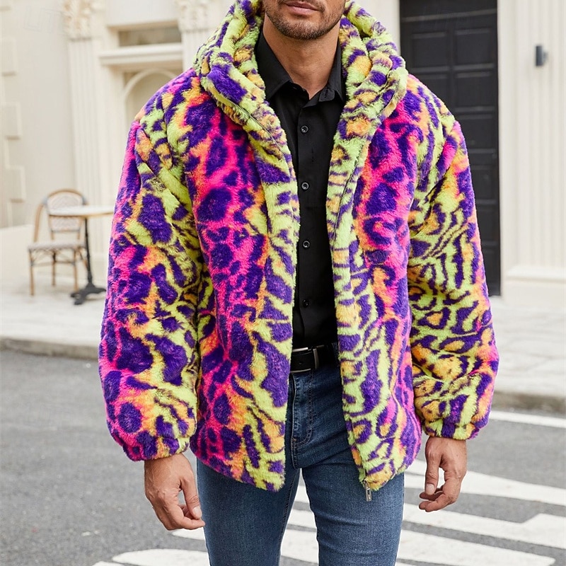 Voor heren Winterjack Jas van imitatiebont Dagelijks Vakantie Thermisch Warm Fleece Herfst Winter Luipaard Modieus Streetwear Capuchon Normaal Imitatiebont Geel Jacks 2026 - $50.99 –P1