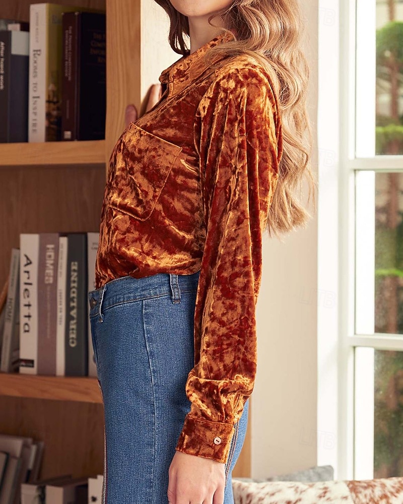 Γυναικεία Βελούδο Κομψή Φιλάρεσκος Μπλούζα Κουμπιά Σκέτο Βοημία Βίντατζ Καθημερινά Μακρυμάνικο Κολάρο Πουκαμίσου Κανονικά μπλουζάκια Καθημερινά Βραδινό Ρούχα για Πάρτυ Αργίες 2026 - $37.99 –P10