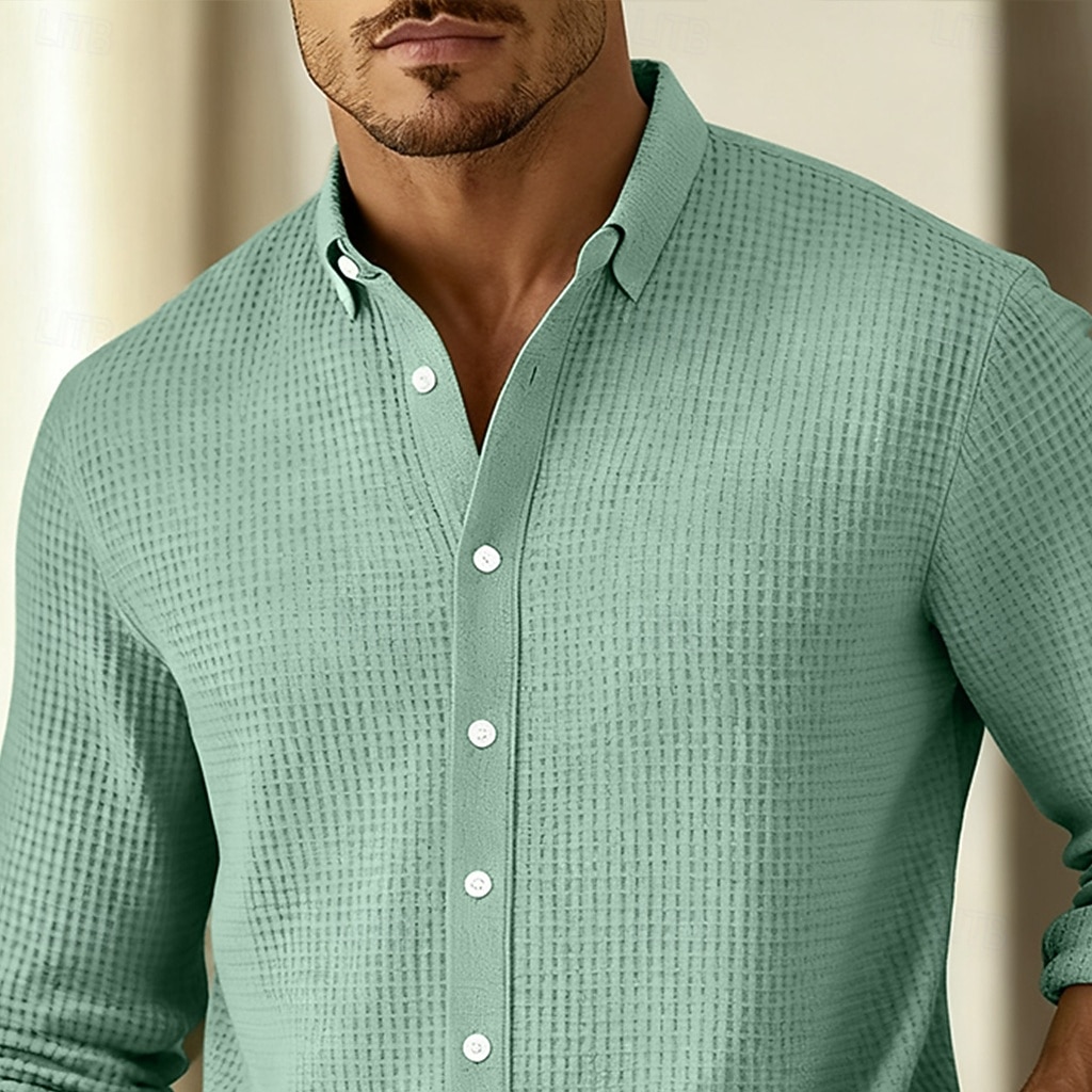 Men's Shirt Waffle Shirt Casual Shirt Button Up Shirt Black Wine Navy Blue Green Long Sleeve Plain Lapel Casual Daily Clothing Apparel Fashion Streetwear Casual 2026 - $25.99 –P2