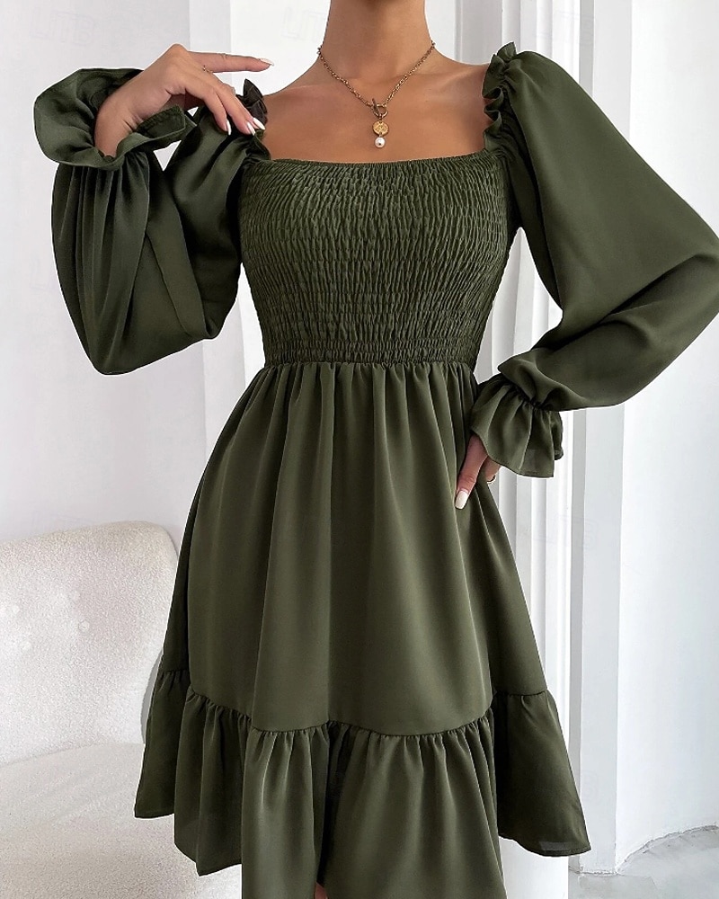 Damen Minikleid Schößchen Kleider Gerafftes Kleid Modern Outdoor Ferien Ausgehen Normale Passform Einfach Langarm Quadrathals Schwarz Wein Armeegrün Leicht Braun Frühling Herbst 2025 - $24.99 –P9