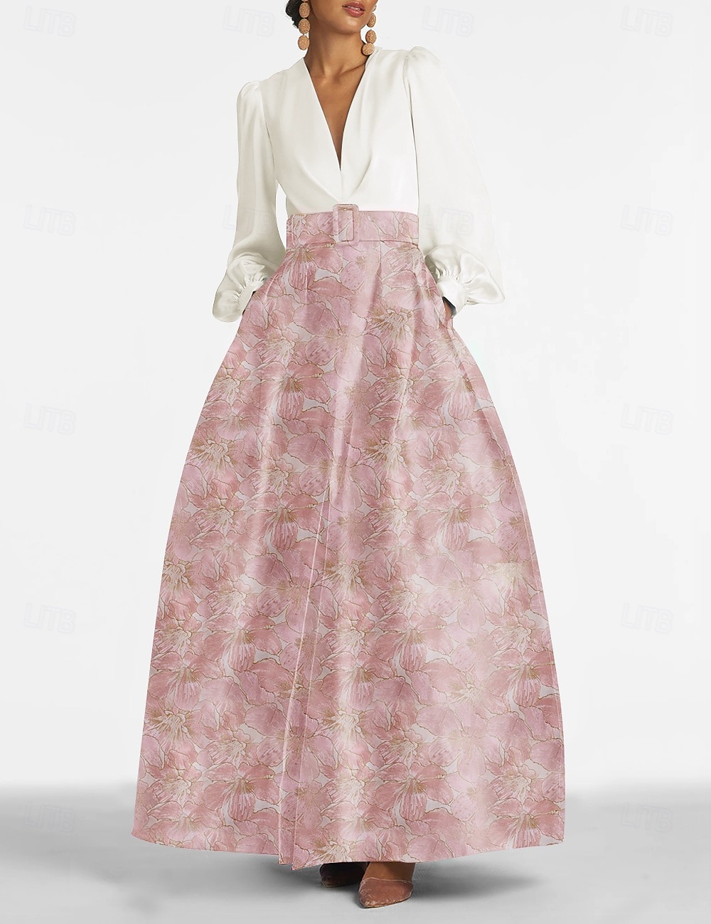 2025年 ジャカードブロケード フローラル Aラインイブニングガウン ドレス フォーマルウェディングゲスト フロアレングス 長袖 Vネック ベルト ナイロン スリットポケット  コレクション – $149.99 –P6