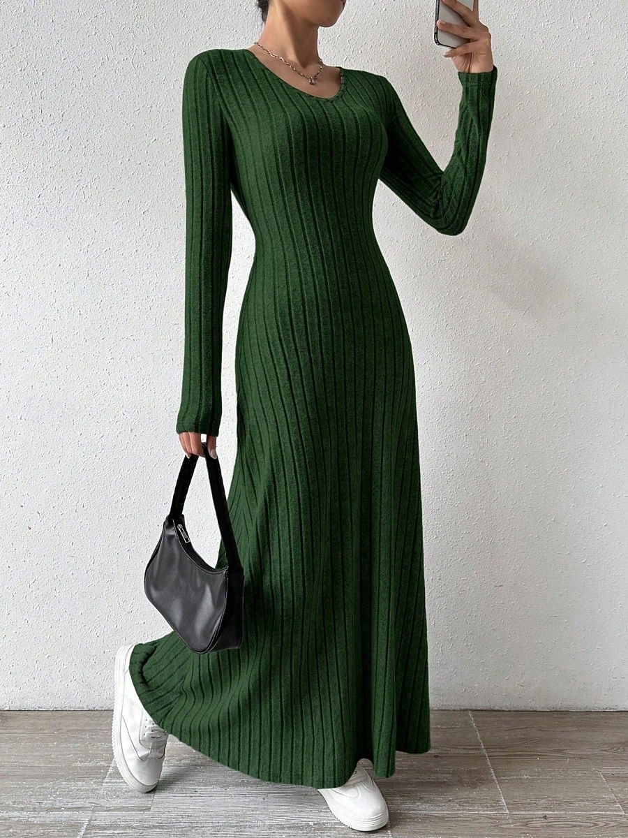 Dámské Svetrové šaty Elegantní Na běžné nošení Měkké Čistá barva Rýhovaný Do V Pletený Dlouhý rukáv Běžné topy Plést Venkovní Denní Víkend Černá Trávová zelená Podzim Zima 2026 - $24.99 –P3
