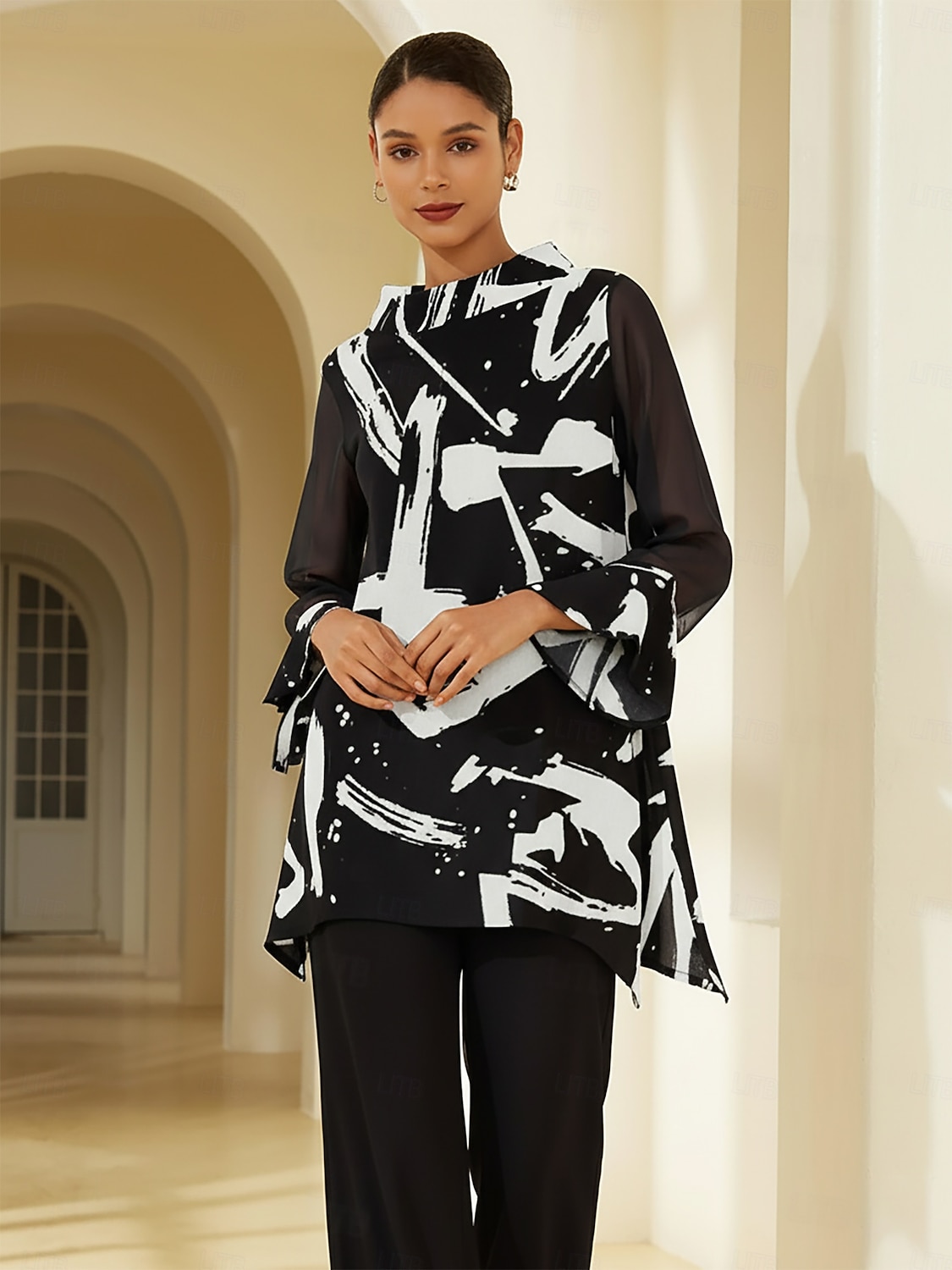 Bluză de damă neagră cu imprimeu floral, șifon elastic, mâneci scurte, decolteu tip bateau, casual, confortabil, primăvară, vară, toamnă, vacanță 2026 - $67.99 –P1