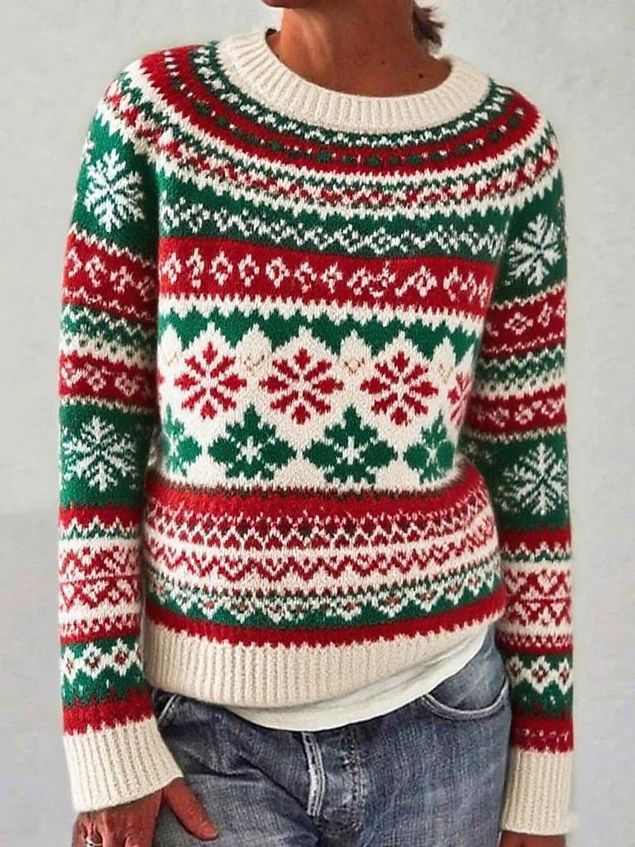Damen Weihnachtspullover Fair Isle Pullover Pullover Vintage Täglich Lässig Blumen Gerippt Rundhalsausschnitt Gestrickt Druck Langarm Normale Oberteile Stricken Outdoor Wochenende Grün Herbst Winter 2026 - $8.99 –P1