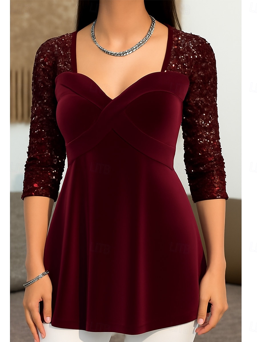 Blouse pour femme de Noël couleur unie stylée décontractée manches longues col carré tops réguliers impression quotidienne sequins patchwork noir vin violet vert printemps automne hiver de 2025 ? $42.99 –P1