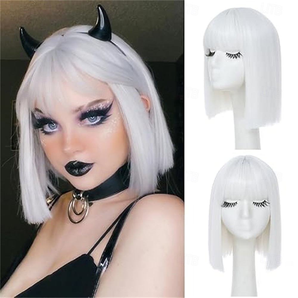 Modrá paruka krátká rovná modrá bob paruka s ofinou 10 palcová syntetická barva paruky pro ženy s přírodními vlasy pro kostýmy na každodenní párty cosplay 2026 - $21.99 –P2