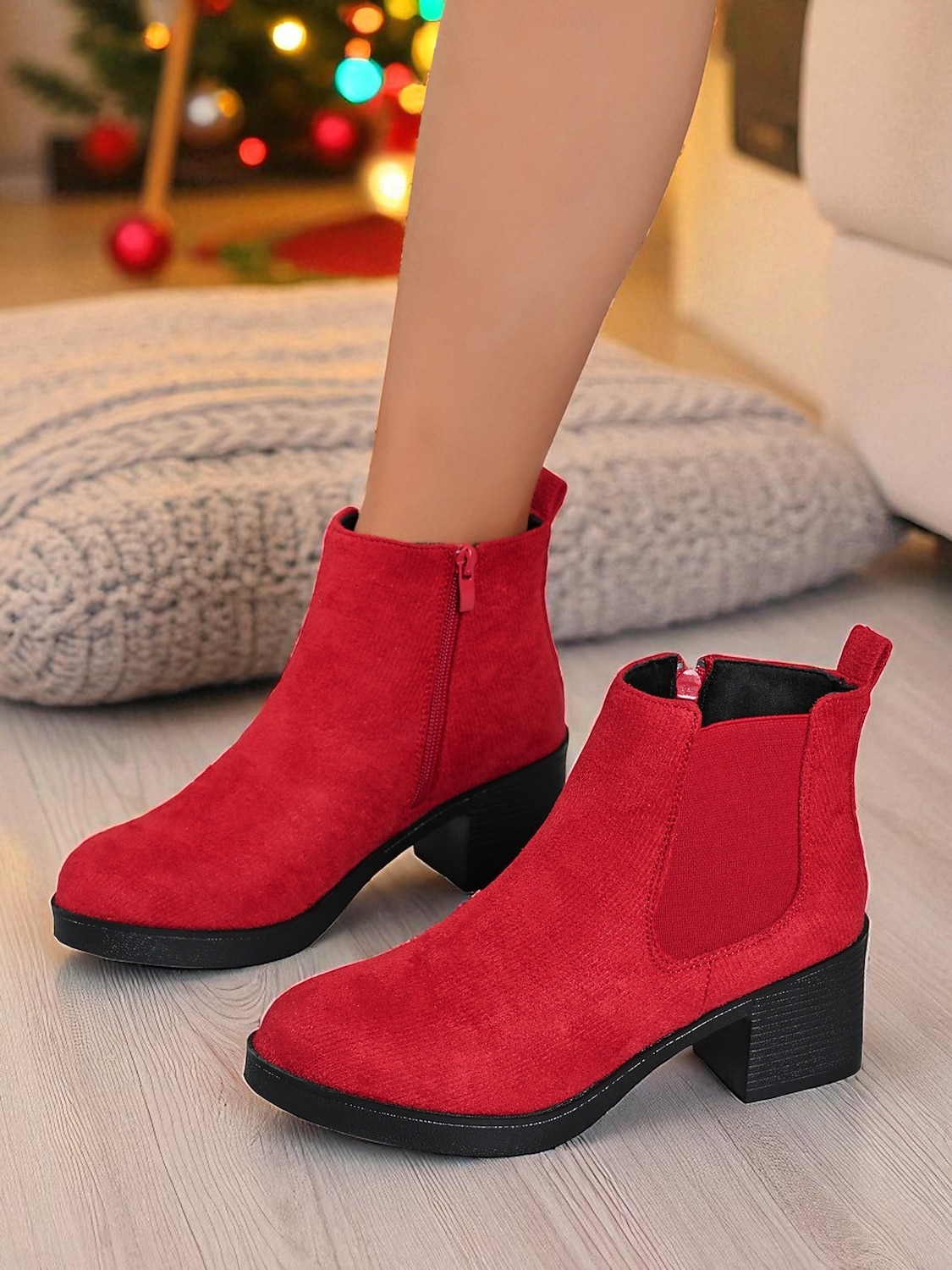 Botas femininas vermelhas com zíper no tornozelo - botas estilosas de salto grosso em camurça sintética para o Natal, escritório e passeios casuais de 2026 por $34.99 –P2