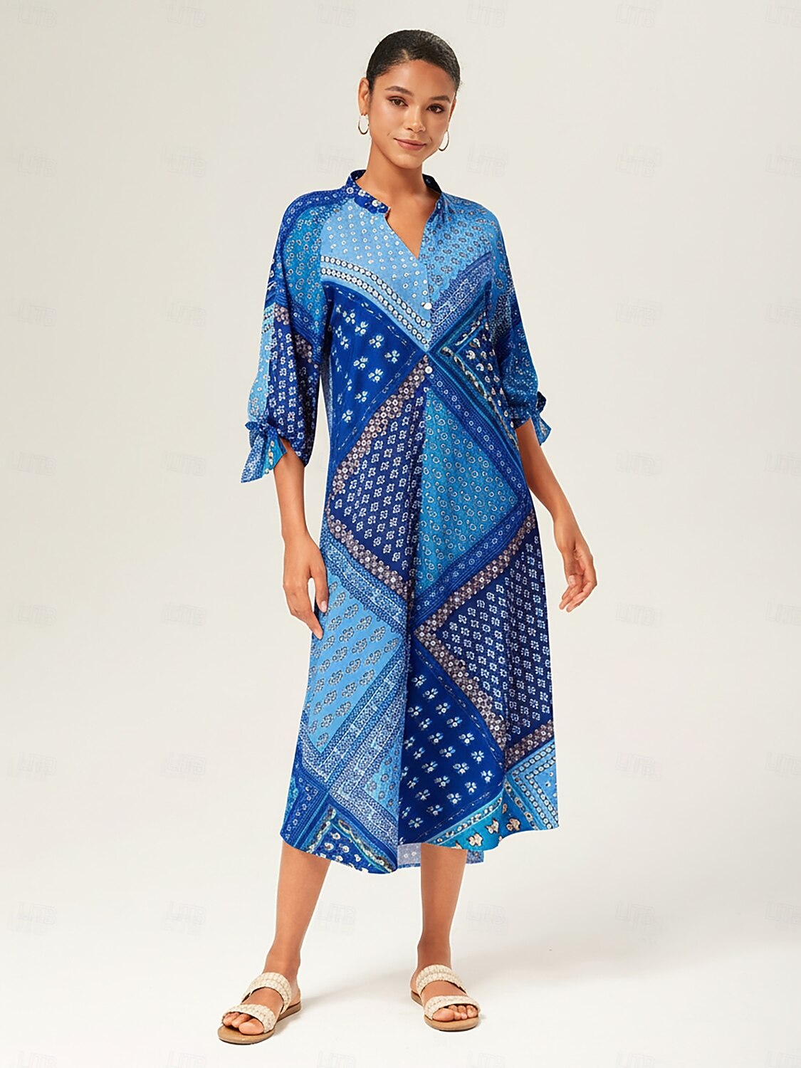 Damen Maxikleid geometrisch floral Patchwork Print Stehkragen 3/4 Ärmel Frühling Herbst 2026 - $91.99 –P3