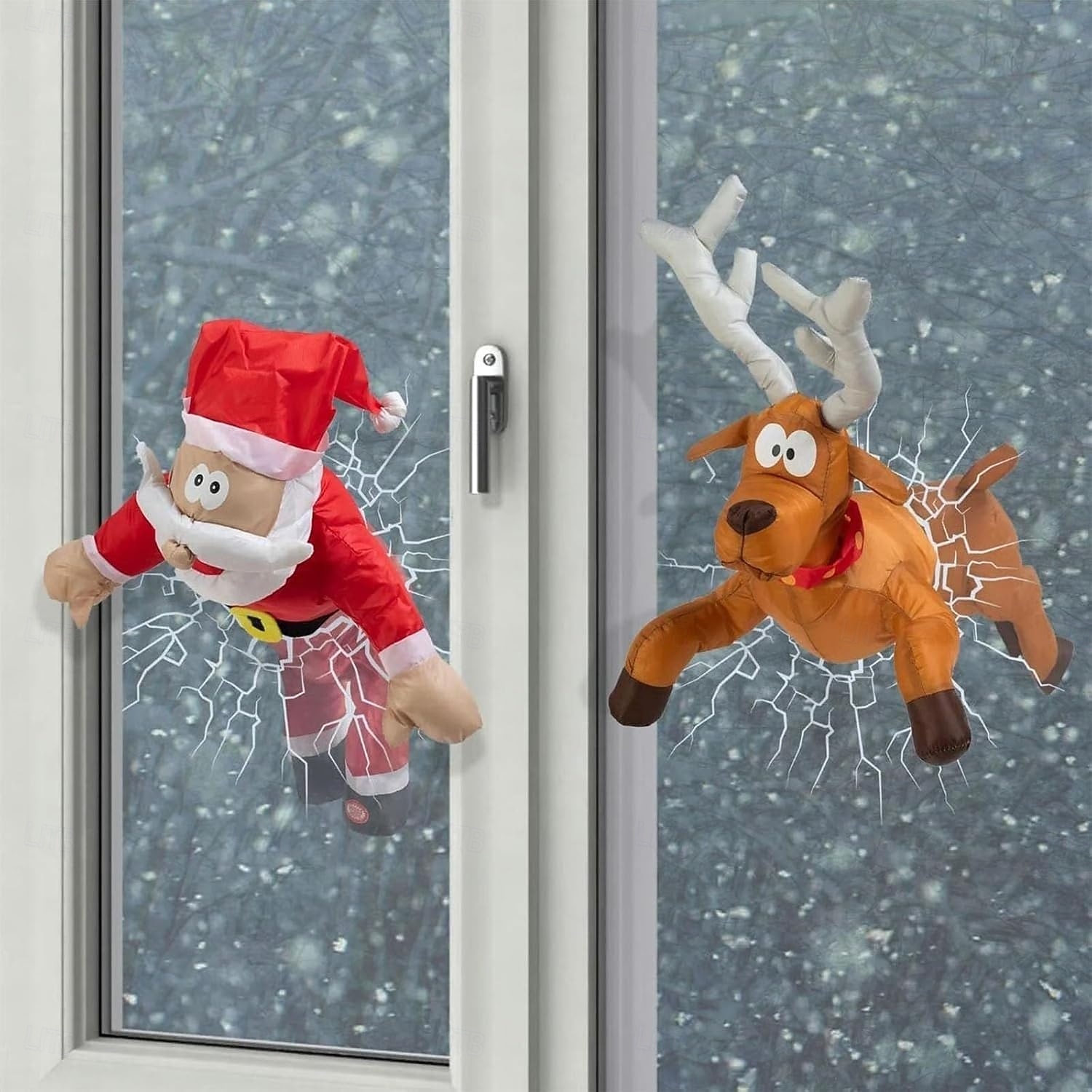 renne che si schiantano &decorazioni natalizie per finestre di Babbo Natale con adesivo in vetro rotto &calci alle gambe animati, decorazioni natalizie divertenti per la casa, porte &regali del 2025 a $35.99 –P1