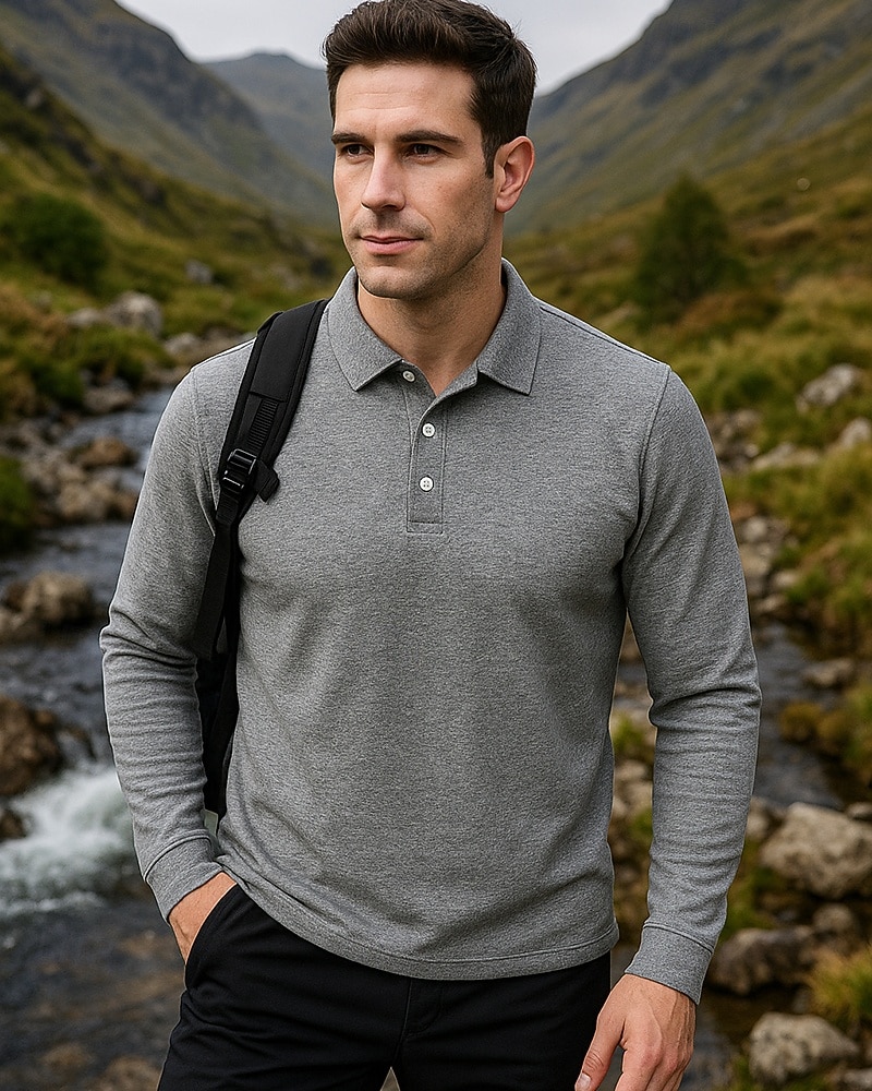 Men's Hiking top Polo Shirt Cotton Shirt Long Sleeve Turndown Top Outdoor Thermal Warm Winter Autumn / Fall Polyester Black White Dark Blue Gym Workout Traveling 2026 - $44.99 –P1