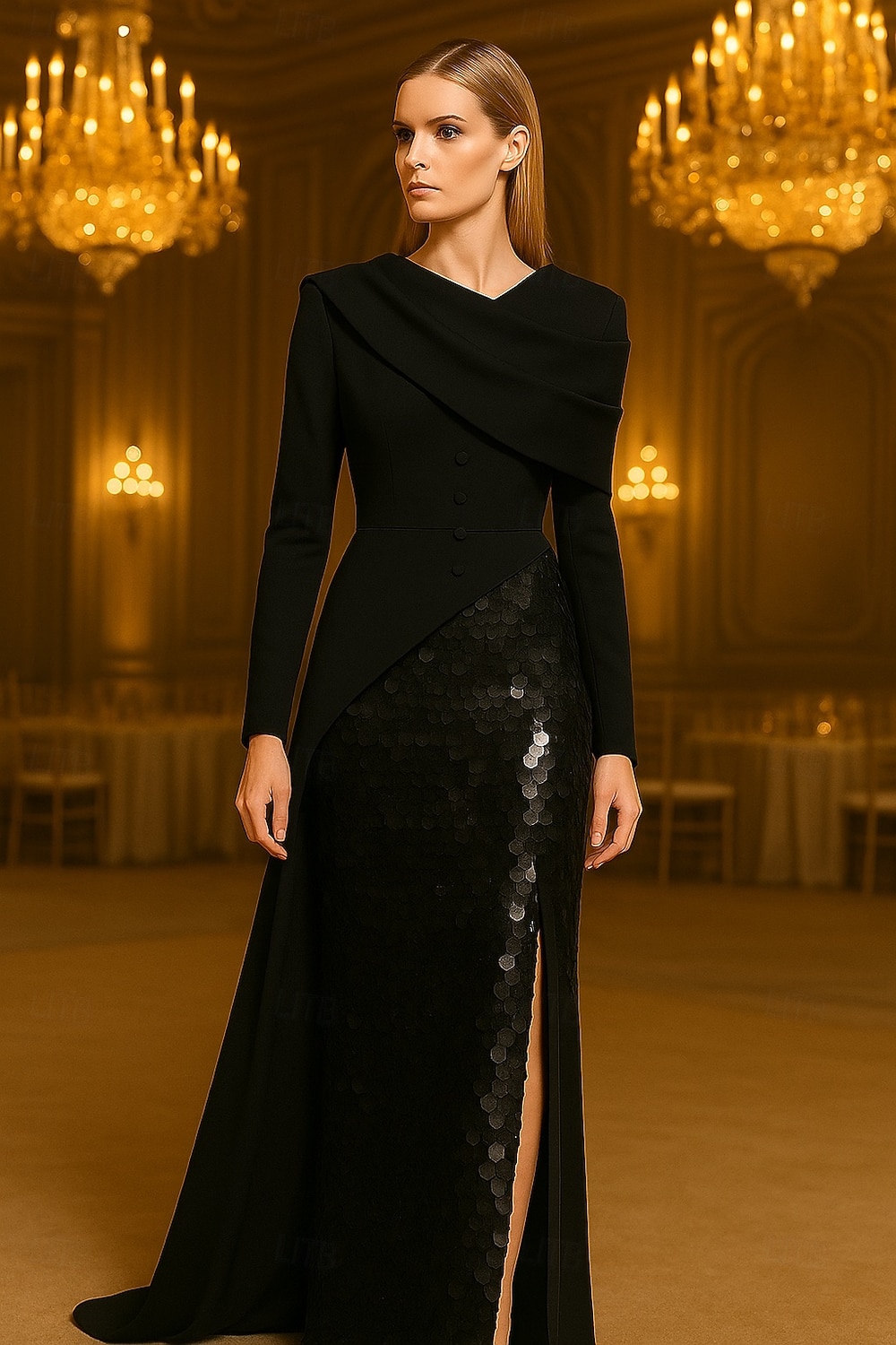 A-Linie Abendkleid Elegant Formelle Kleidung Formell Hochzeit Bodenlang Langarm V Ausschnitt Paillettenbesetzt mit Glitzer 2025 2025 - $144.99 –P3