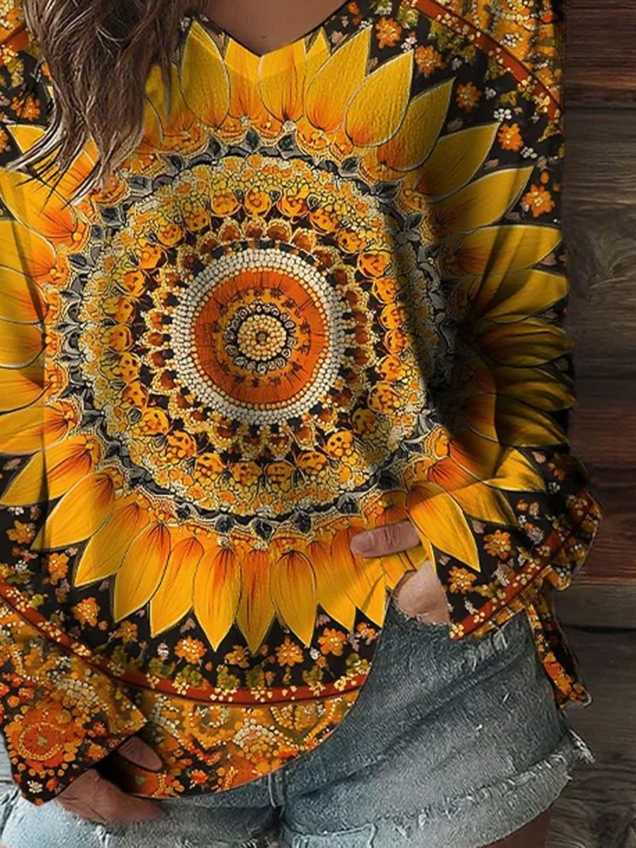 Vrouwen Boho T Shirt Graphic Tribaal Vintage Stijlvol Casual Lange Mouwen V-Hals Reguliere Tops Dagelijkse Print Geel Lente Herfst 2026 - $24.99 –P3